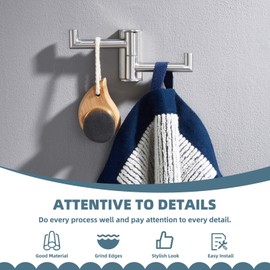 Suyar Bathroom Towel Hook Brushed Nickel, 304 Stainless Steel Double Robe Holder, Coat Hook with 2 Rotatable Arms for Hanging Clothes, Scarf, Bag, Wall Mounted