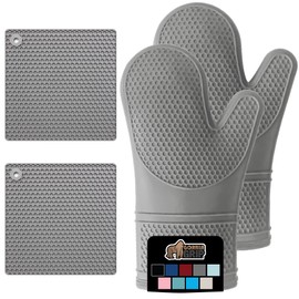 GORILLA GRIP BPA-Free Soft Silicone Oven Mitts and Pot Holders Sets of 4, Heat Resistant Waterproof Cooking Gloves, Thick Cotton Lining, Flexible Gripping for Baking Grilling, Kitchen Trivets, Gray
