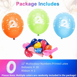SUSNUAN 2nd Birthday Balloons, 12'' Multicoloured Numbers Printed Latex Age Balloons, Birthday Digit Balloons 2 Girls Boys 2 Year Old Birthday Decorations, 2nd Anniversary Party Supplies