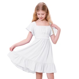 Zando Girls Dress Ruffle Short Sleeve White Dress for Girls Tie Back Summer Sundress Children Girls Dress for Weddings Casual Dress for Teens Girls Square Neck Off Shoulder Dresses 11-12 Years