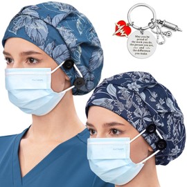 Satin Lined Bouffant Scrub Nurse Cap with 4 Buttons and Sweatband Adjustable, Blue Leaf + Natural Blue, One Size