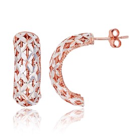 DECADENCE Sterling Silver Rose and Rhodium Diamond Cut Filigree Half Hoop Earrings for Women | 2mm Round Hoop Earrings | Secure Ear Stud Closure | 14k Shiny Classic Earrings