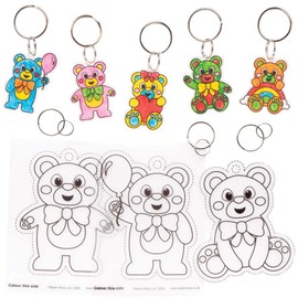 Baker Ross FE358 Teddy Bear Shrink Film Key Ring - Pack of 8, Craft Set for Children to Colour and Hang