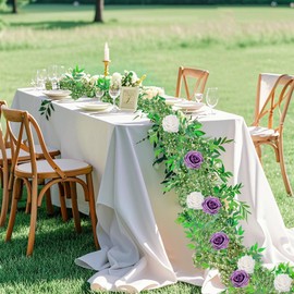 5.9FT Artificial Rose and Baby’s Breath Vine Garland, 4 Roses & Willow Leaf, Flexible Faux Floral Vine for Wedding Arch, Table Decor, Party Backdrop, Home Decoration（White & Purple）