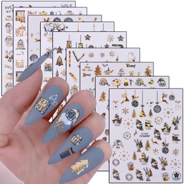 Gold Christmas Nail Art Stickers Decals, Holographic White Snowflake Nail Adhesive Sticker, Xmas Tree Snowflake Snowman Elk Santa Claus Nail Art Decal for Women Girls Manicure Holiday Decorations
