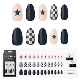 MUZMAK Reusable Press on Nails Long Medium Short 36Pcs Pink Fake Nails with Designs Red french tip Cute Gel (Draw Night​(Almond))