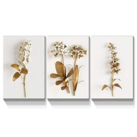 Looife 3 panel Canvas Wall Art for Living Room - 3 Piece 24x32 Inch Minimalist Gold Flower Plants Artwork Prints Wall Decor, Ready to Hang