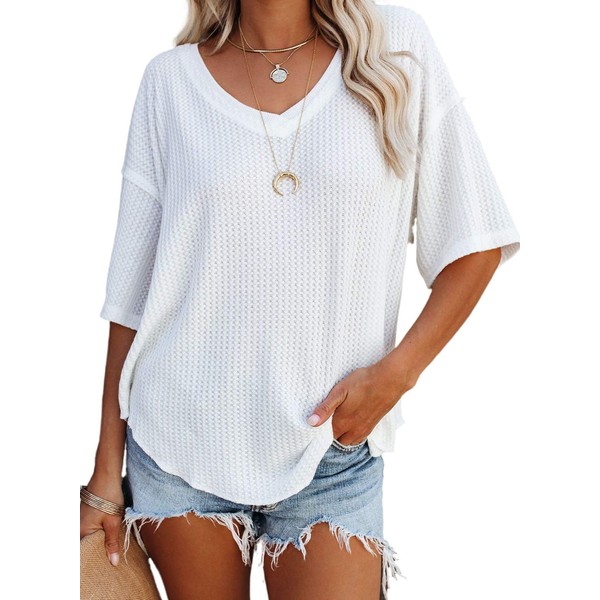 Dokotoo Women's Plus Size Summer V Neck Waffle Knit Short Sleeve Tunic Tops Casual Loose Fit Blouses Shirts Work White XXL