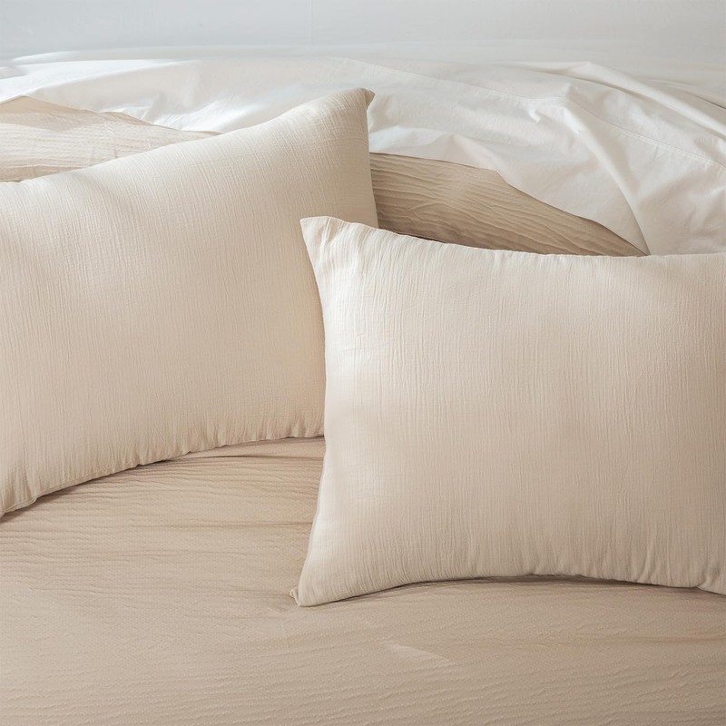 BUPIRD 3 Pieces Beige King Comforter Set, Lightweight Double-Layer Crinkle