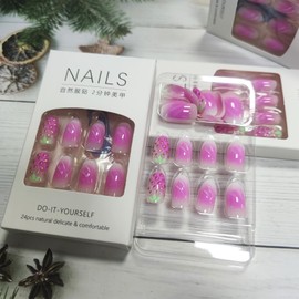 3D Pink Strawberries Press on Nails 3D Curve Line False Nails Pink Gradient Gel Glue on Nails Medium Oval Glossy Green Leaves Acrylic Fake Nails Ombre Stick on Nails for Coquette Women Girls 24Pcs