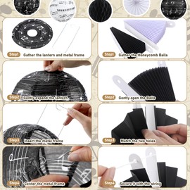 Baquler 18 Pcs Music Party Decoration Music Notes Hanging Paper Lanterns Black and White Paper Fans Honeycomb for Prom Rock Roll Concert 50's Theme Party Classroom Decoration