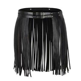 Kuskins Pu Leather Fringe Skirt Waist Belt，Black Adjustable Rock Style Belt for Women'S Dance Performance Costumes,Punk Waist Belt Skirt for Rave Party Summer Beach Belts Hip Scarf