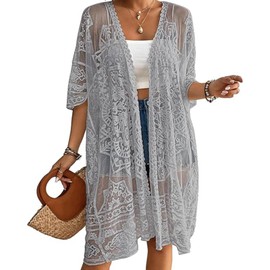 Edhomenn Women's Bikini Cover Up Long Sleeve Lace Cardigan Embroidery Print Cardigan Smock Kimono Long Beach Dress (023 Gray, One Size)