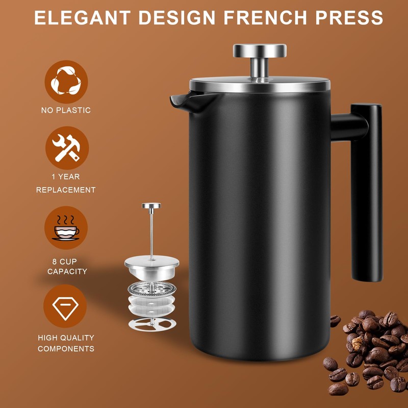 SZHETEFU 34 OZ Large French Press, Premium Stainless Steel Sturdy