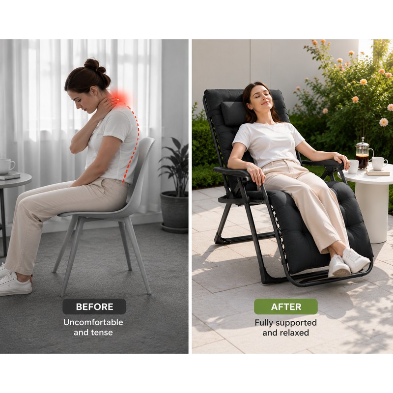 Black Reclining Lounge Chair for Relaxation - Plush Foldable Comfort