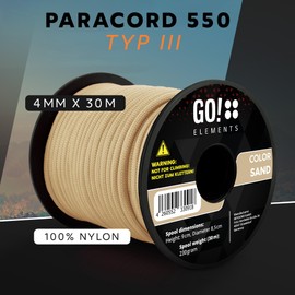 GO!elements 30 m Paracord Rope Made of Tear-Resistant Nylon Cord - 4 mm Paracord 550 Type III Cord - All-Purpose Rope and Cord - Max. 250 kg, Colour: Sand