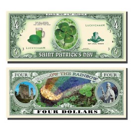 Saint Patrick's Day Novelty 4 (4 Leaf Clover) Dollar Bill - Set of 25 with 1 Christopher Columbus Bill