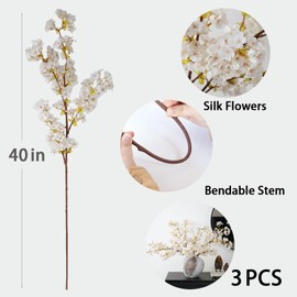 mizii 3Pcs Artificial White Cherry Blossom Branches 40" Fake Silk Cherry Blossoms Flowers with Long Stem for Wedding Decorations Table Centerpieces Vase Arrangement Home Decor (White)