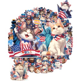 DCSUCC Cat Stickers for Kids - 140 PCS 4th of July Stickers, Patriotic American cat Stickers Bulk for Water Bottles, Cute Vinyl Flag Stickers for Independence Day, Party Favors for Children and Teens