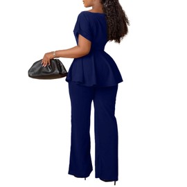 Women's 2 Piece Outfits Suit Set Short Sleeve Peplum Top Flared Pants Sets Business Pantsuits Navy XXL