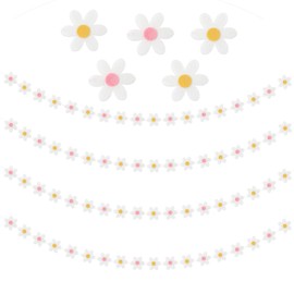 Xqumoi 4Pcs Daisy Groovy Bohemia Garland Felt Artificial White Flower Vines Fake Flower Garland Spring Daisy Party Supplies Hanging Floral Banner for Kids Home Nursery Room Indoor Outdoor Decoration