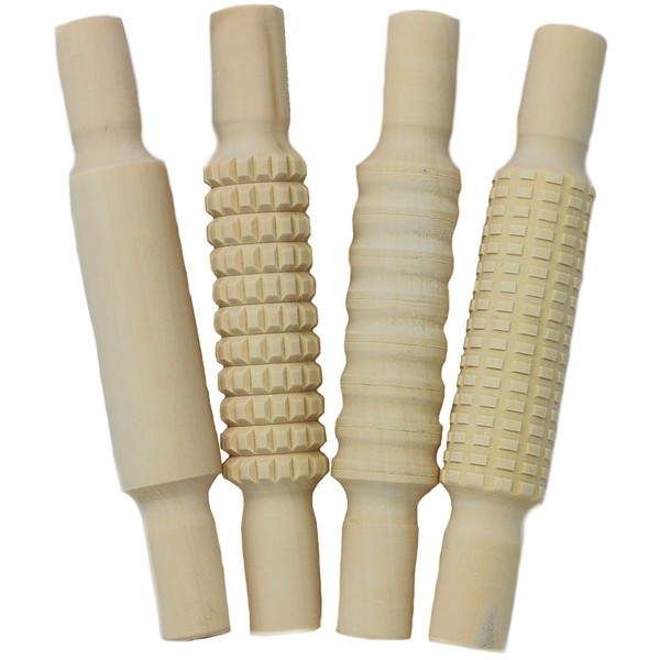 4 Textured Play Dough Wooden Rolling Pins Craft Supplies 21cm