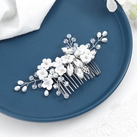 IYOU Bridal Wedding Princess Hair Combs Silver Flower Hair Piece Crystal Pearl Bride Headpiece Accessories for Girls and Women (Silver)