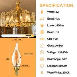Owilukie Chandelier Amber Light Bulbs 4W (40W Equivalent), Amber Candelabra Candle E12 LED Bulb Type B Soft Warm White Color 2200k,Dimmable for Dining Room,Light Fixture,Chandelier,6 Pack