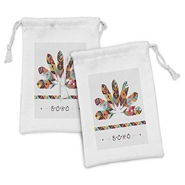 Ambesonne Boho Fabric Pouch Set of 2, Pastel Colored Feathers Native Prehistoric Tribal Cultures Abstract Ornament, Small Drawstring Bag for Toiletries Masks and Favors, 9" x 6", Multicolor