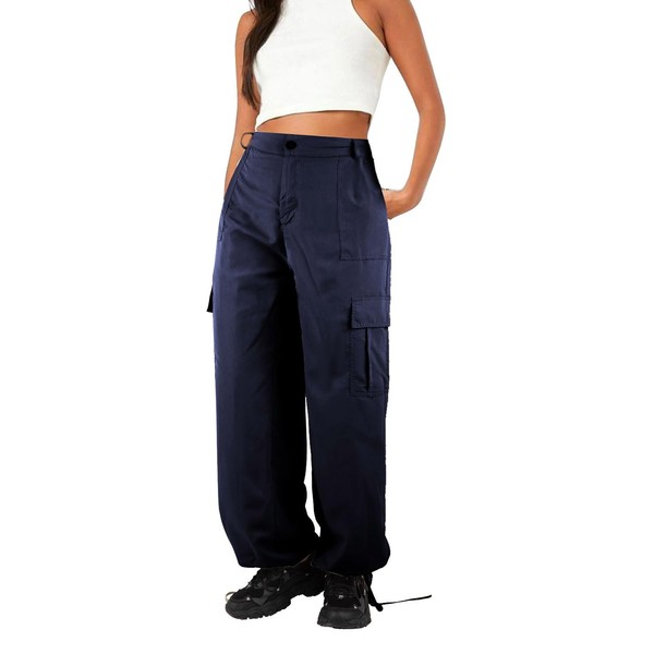 utcoco - Pantalones cargo de cintura alta para mujer, pierna recta, ajuste relajado, con múltiples bolsillos, pantalones de trabajo, marino, L