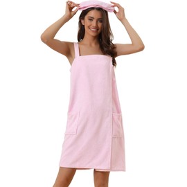 cheibear Womens Towel Dress Wrap Bathrobe Spa Towelling Robe with Strap for Gym Shower Bath Pink XS