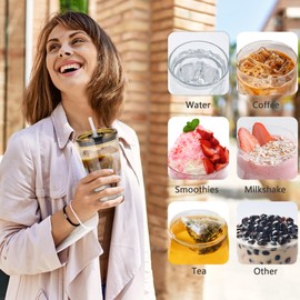 Icesip 15oz Iced Coffee Glas Cup Set of 2 with Lid Straw Thick Leak Proof Drinking Glasses Tumbler for Gift Cold Drink Smoothie Boba Tea(Gray & Clear)