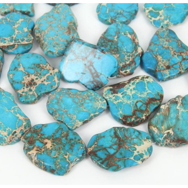 20pcs Natural Grade A Turquoise Blue Impression Aqua Terra Jasper Smooth Free Form Sea Sediment Gemstone Flat Slab Stone Beads ~ 15-45mm GX7