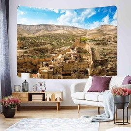 OSUNBD Mar Saba Mountains Wall Tapestries Ancient Greek Tapestry Buildings Tapestry Hills Christian Decor Tapestry Holy Baptism Savior Art Hanging Large Size 60”x40” for Bedroom Living Room Dorm