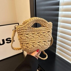 Faletony Summer Beach Crossbody Bag Woven Shoulder Bag with Zipper and Removeable strap Handmade Crochet Handbag Holiday Travel Beige
