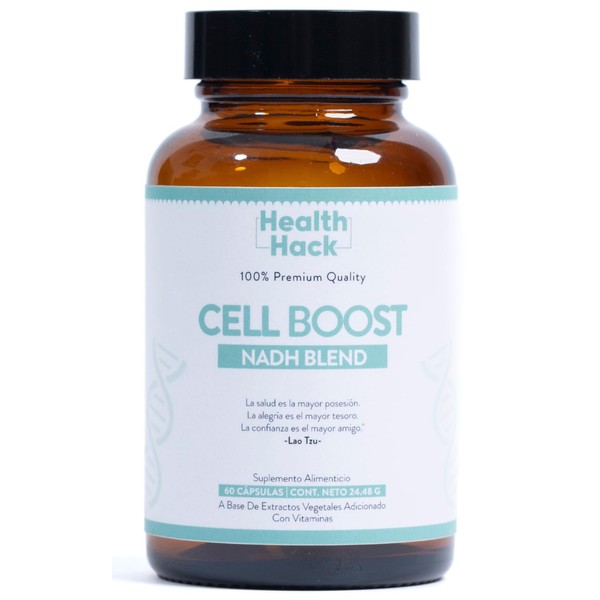 Health Hack Cell Boost NADH Blend | Apoyo a la Defensa y Vitalidad Celular | Con Colágeno Hidrolizado, Quercetina, CoQ10, Ácido Alfa Lipoico, Pterostilbeno, Vitamina C, Glicinato de Magnesio, NAD
