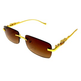 Dweebzilla Metal Jaguar Slim Rimless Luxury Rectangular Sunglasses (Gold Metallic Frame - Brown Gradient Lenses)
