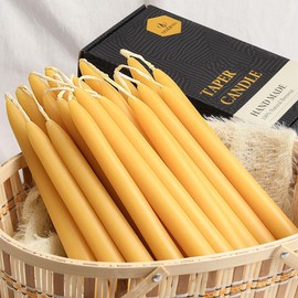 24 Pack Natural Beeswax Taper Candles in Bulk 10 inch Tall - Dripless Candle 100% Pure Unscented Beeswax, 8 Hours Long Burning Time -Yellow