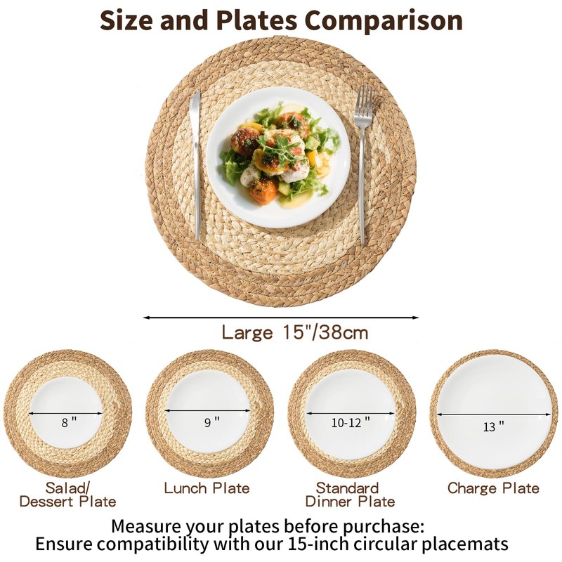10PC 15-inch Large Round Hand-Woven Natural Placemats | Boho Rustic