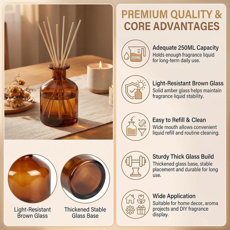 8.4oz Glass Reed Diffuser Bottles, Amber Fragrance Container