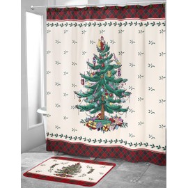 Spode - Bath Mat, Cotton Bath Rug, Holiday Bathroom Decor Christmas Tree Tartan Collection