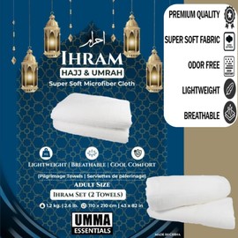 UMMA ESSENTIALS, Ihram for Umrah, Super Soft Hypoallergenic Towels, Ihram for Hajj, Men's Ihram, Odor-Free, Quick Dry, Lightweight, Breathable, 82"x 43", White