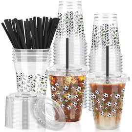 50 Sets 12oz Ball Game Soccer Plastic Cups with Lids and Straws Clear Disposable Plastic Drinking Cups for Juice Water Coffee Stadium Sports Competition Party Sports Athlete Birthday Party(Soccer)