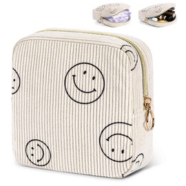 SIDESUGAR Cute Small Makeup Bag Corduroy Cosmetic Bag for Women Travel Make Up Pouch for Purse Mini Cosmetic Pouch Organizer with Zipper - Beige