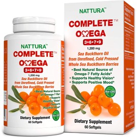 Nattura Complete Omega 3-6-7-9, Pure Sea Buckthorn Oil, European Quality, from Unrefined, Cold Pressed Whole Sea Buckthorn Wild Berries - Non-GMO, Certified Kosher, Gluten-Free 1 Bottle - 60 Capsules