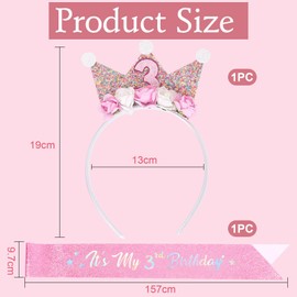 FloralGrace 3 Year Birthday Crown, Crown for Girls, Pink, L (Fits most 3-year-old girls)