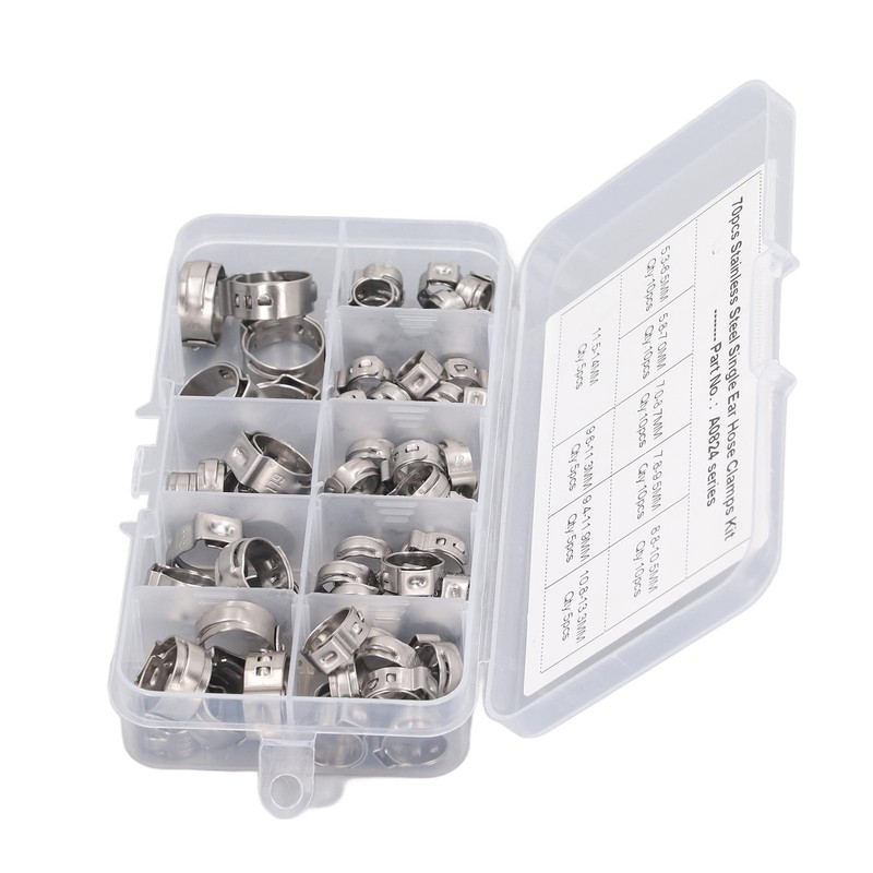 70Pcs Single Ear Hose Clamp Kit Stainless Steel Stepless 9