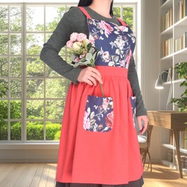 Love Potato Vintage Pinafore Women Apron Dress Stylish Floral Apron with Pockets for Kitchen Cooking Baking Gardening (Red&Black)