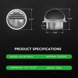 iPower 4 Inch Soffit Air Vent 304 Stainless Steel Round Bull Nosed Screen Mesh for Home Bathroom, Kitchen, Office Ventilation, 3-Pack, Silver