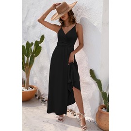 Newshows Women's 2025 Summer Maxi Dress Spaghetti Strap Spring Casual Boho V Neck Split Beach Long Flowy Wedding Guest Dresses Semi Formal Fashion Trendy(Fashion Black,M)